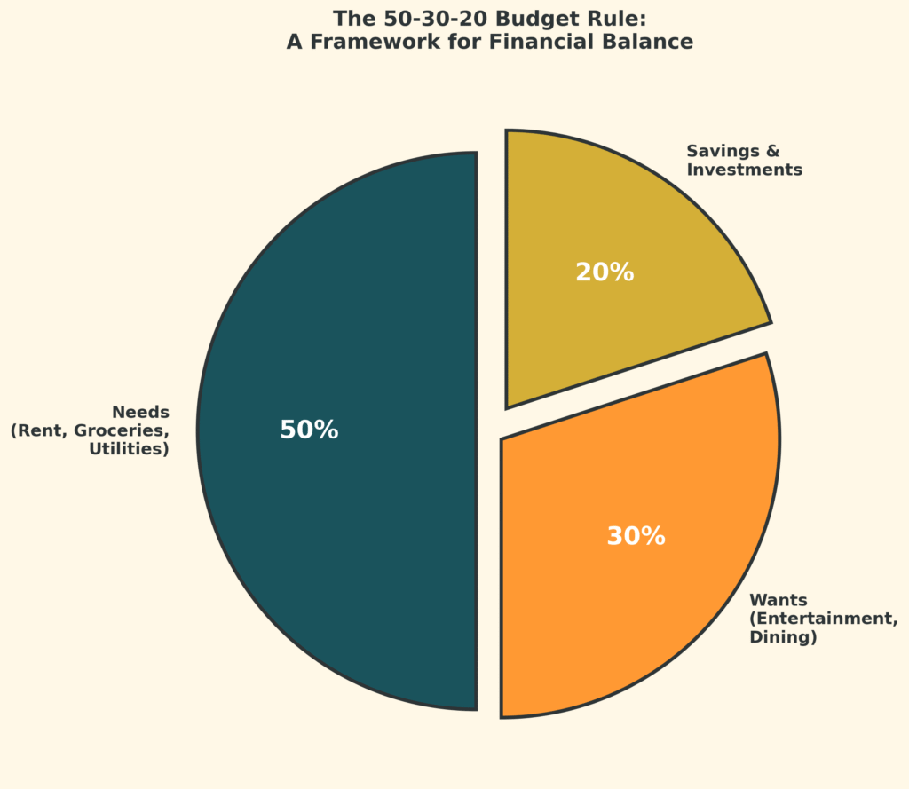 50-30-20 budget rule for money management in India: 50% needs, 30% wants, 20% savings and investments