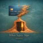 Surrealist credit card dissolving into sand through doorway symbolizing credit card delinquencies crisis in India