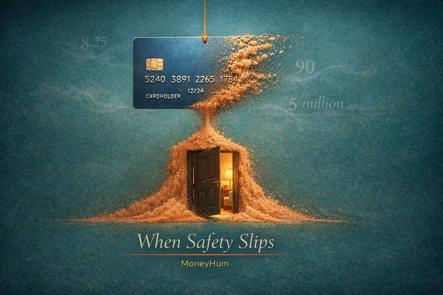 Surrealist credit card dissolving into sand through doorway symbolizing credit card delinquencies crisis in India