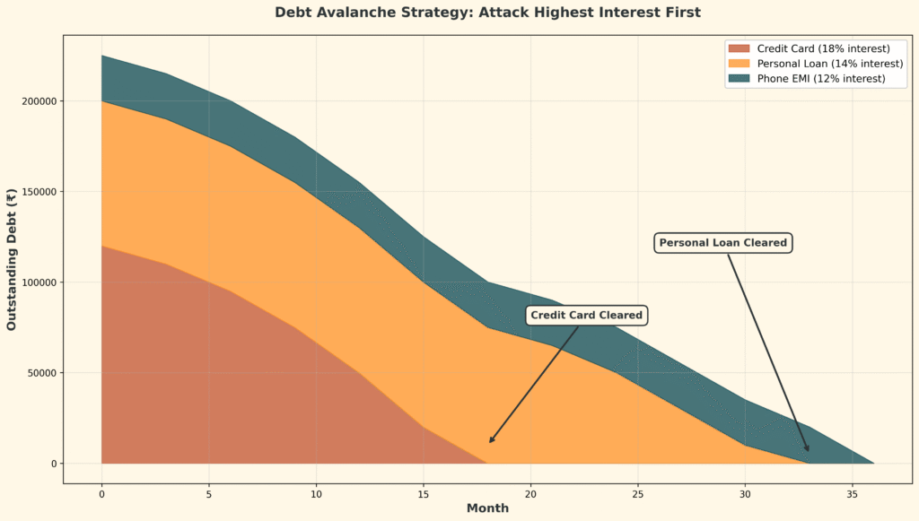 Debt avalanche strategy timeline showing systematic payoff of high-interest debt first over 24-36 months