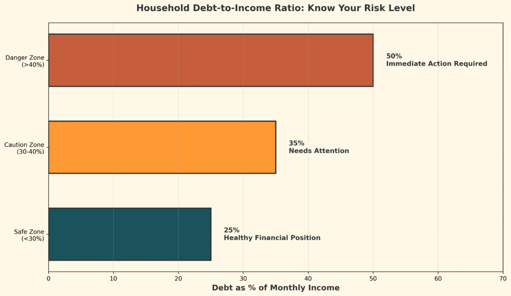 Debt to income ratio danger zones for Indian households: safe below 30%, caution 30-40%, danger above 40%
