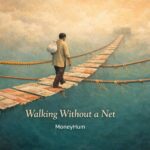 Surrealist painting showing person crossing rope bridge made of rupee notes over empty space, symbolizing emergency fund crisis