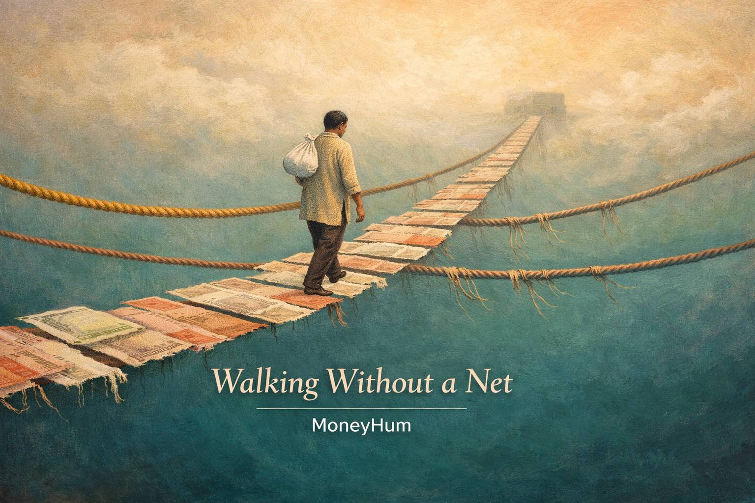 Surrealist painting showing person crossing rope bridge made of rupee notes over empty space, symbolizing emergency fund crisis