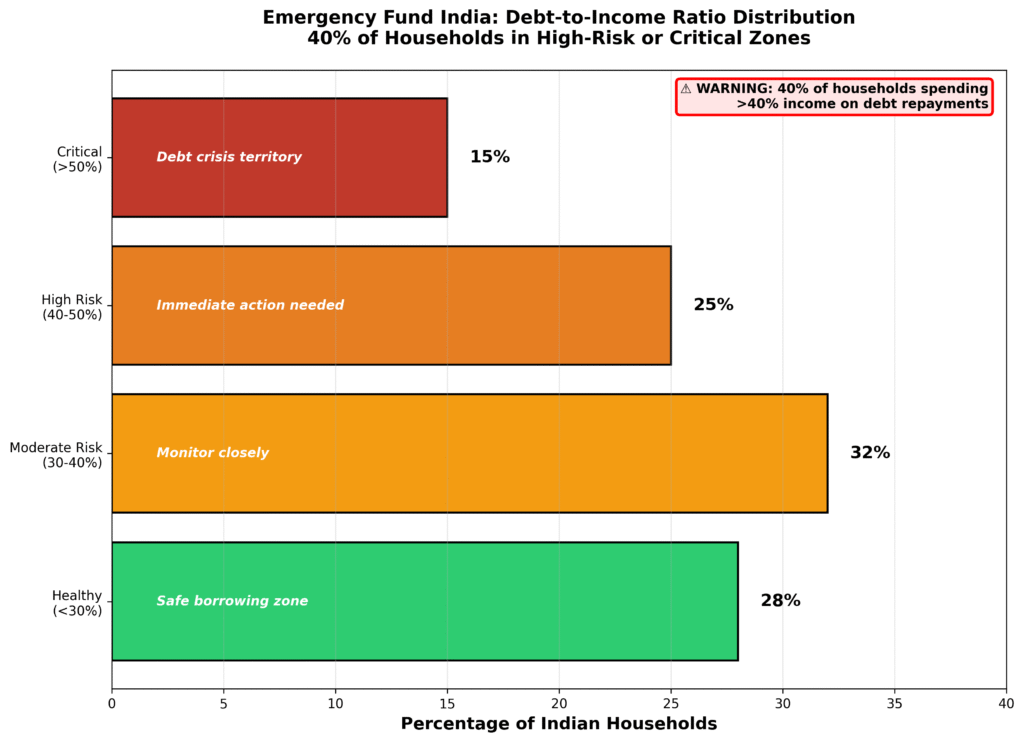 Emergency Savings India assessment chart showing debt-to-income ratio distribution with 40% of households in high-risk zones spending over 40% income on debt repayments
