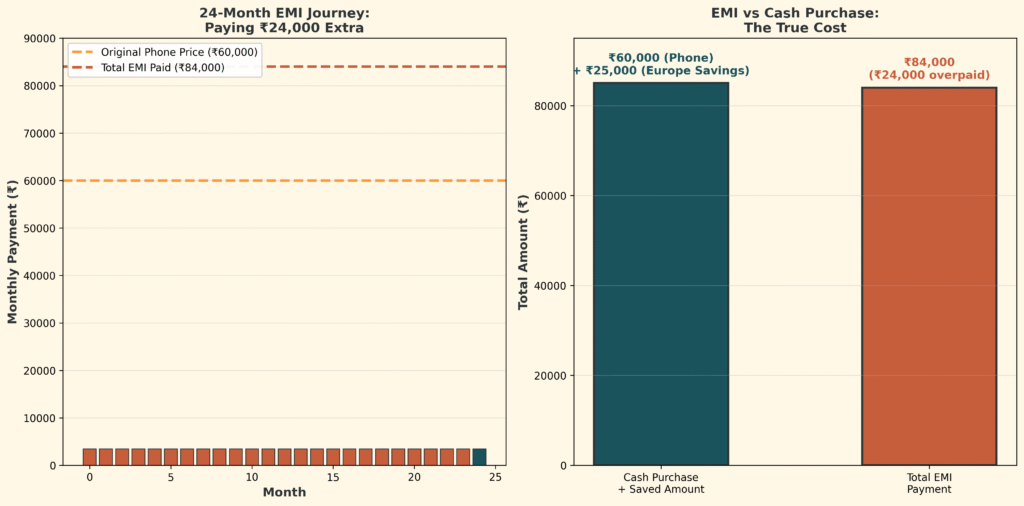 True cost of EMI vs cash purchase India: smartphone example showing ₹24,000 extra interest on EMI
