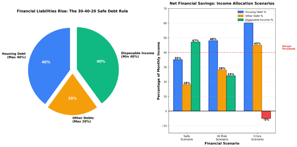Financial liabilities rise 30-40-20 safe debt rule visualization showing ideal income allocation and scenario comparisons