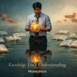 Symbolic surrealist image showing financial literacy confidence crisis with floating glass books and glowing jar