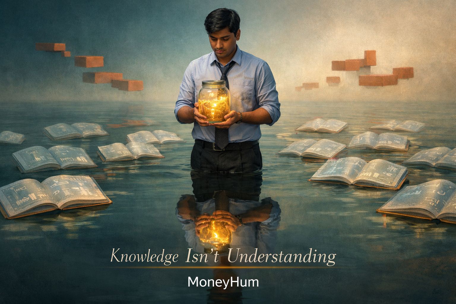 Symbolic surrealist image showing financial literacy confidence crisis with floating glass books and glowing jar