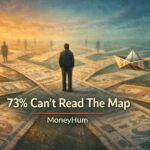 Symbolic surrealist artwork depicting India's financial literacy gap with figure at crossroads of illegible financial pathways