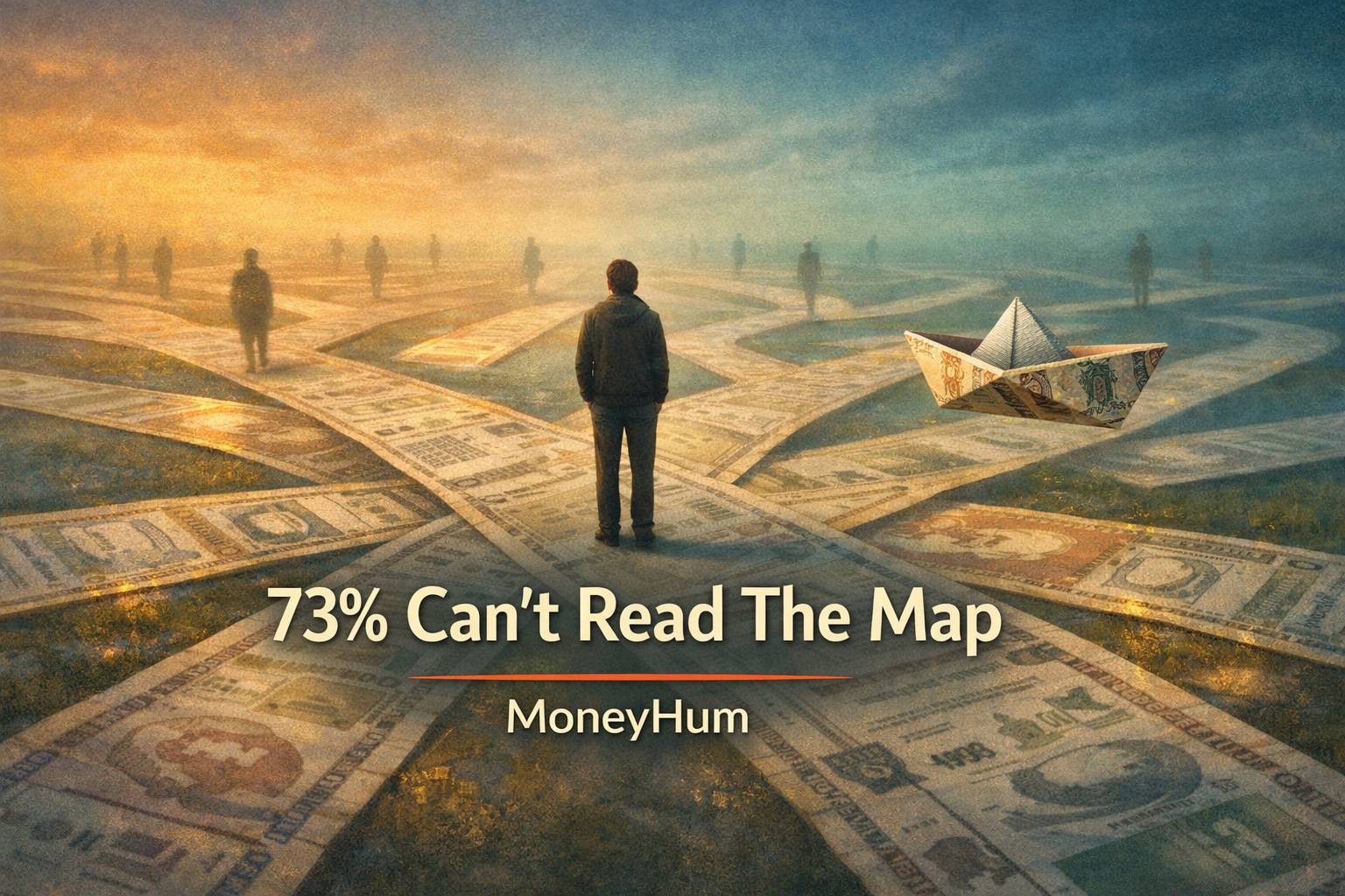 Symbolic surrealist artwork depicting India's financial literacy gap with figure at crossroads of illegible financial pathways