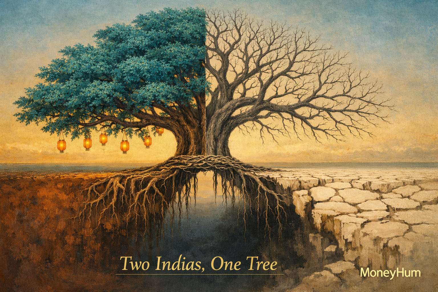 Symbolic split banyan tree showing financial literacy gap between urban and rural India with connected roots