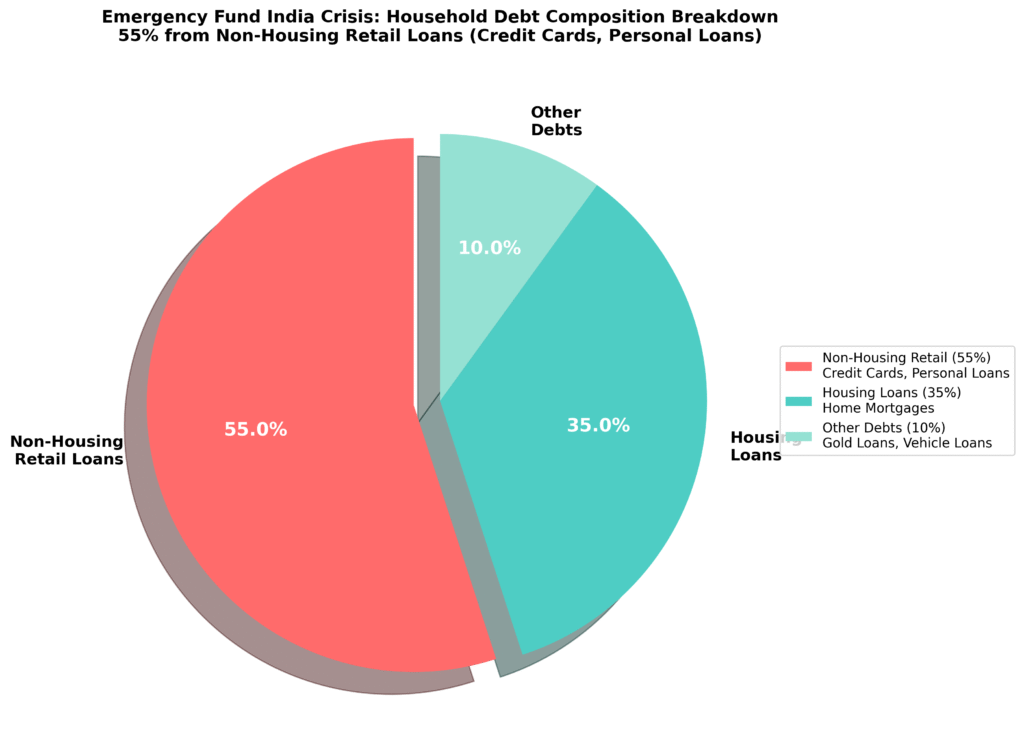  Financial Safety Net India analysis showing household debt composition with 55% from non-housing retail loans, 35% housing loans, and 10% other debts, highlighting emergency fund crisis