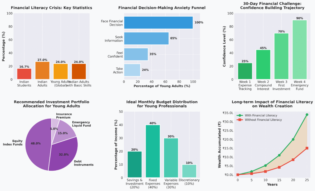 Financial Literacy in Young Adults comprehensive data showing literacy rates, anxiety funnel, 30-day challenge progress, investment allocation, budget distribution, and long-term wealth impact with detailed charts and graphs