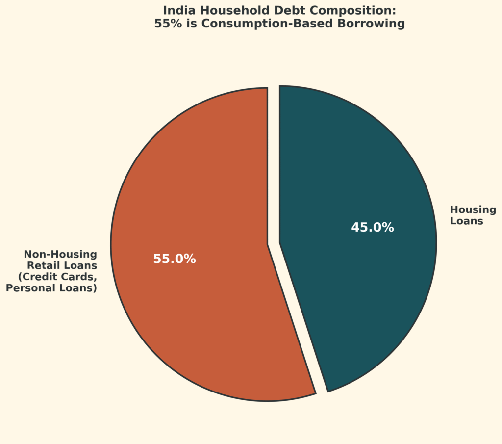 India household debt composition showing 55% non-housing retail loans including credit cards and personal loans