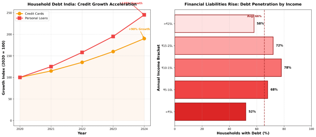 Household debt India credit growth acceleration showing credit card and personal loan surge across income brackets 2020-2024