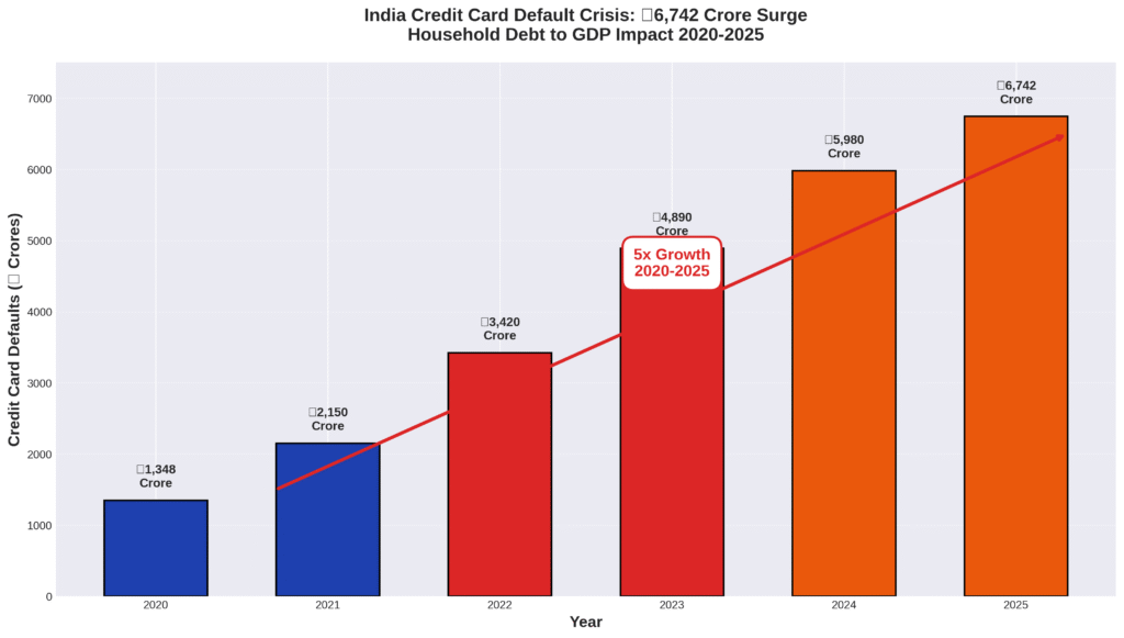 India credit card default crisis showing explosive growth from ₹1,348 crore in 2020 to ₹6,742 crore in 2025 reflecting household debt to GDP India surge and widespread financial stress