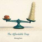 Symbolic illustration of India's household debt to GDP ratio showing tilted balance scale with house and debt documents