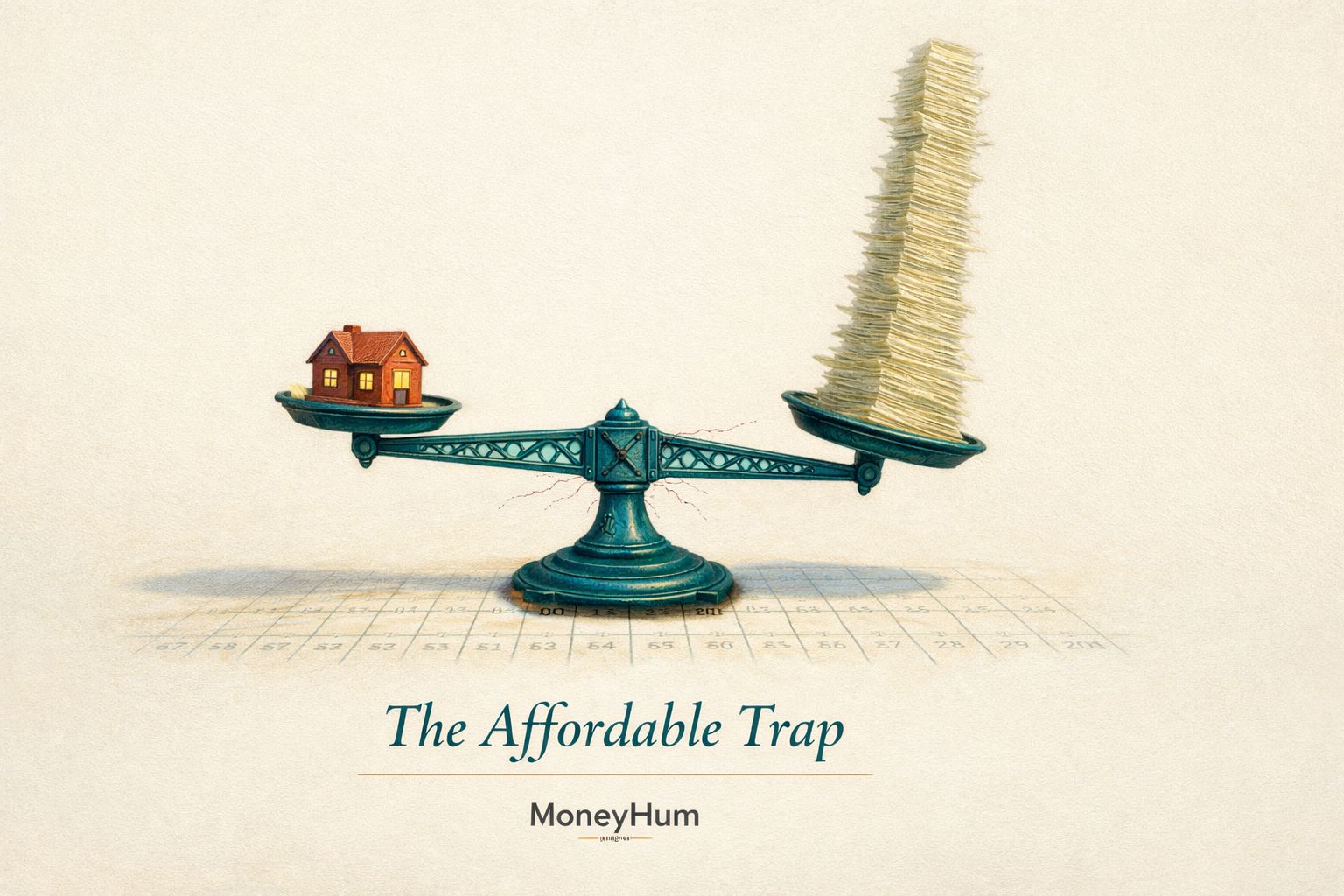 Symbolic illustration of India's household debt to GDP ratio showing tilted balance scale with house and debt documents