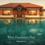 Symbolic surrealist image showing India household debt surge as home floating on water representing financial instability