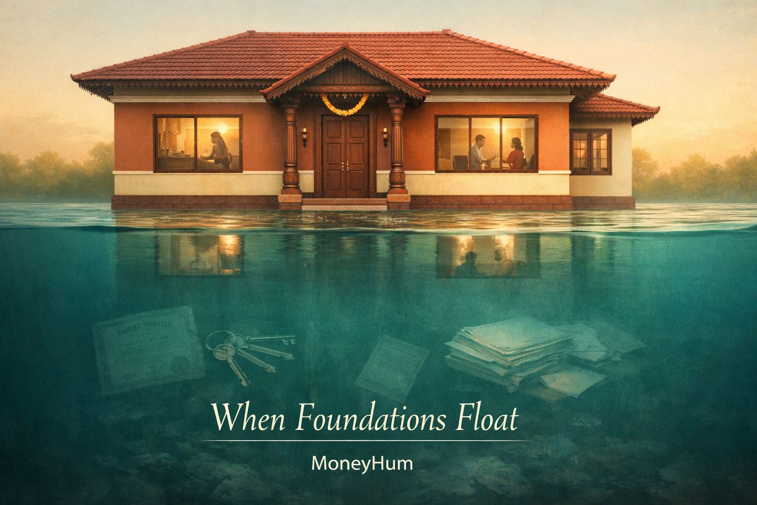 Symbolic surrealist image showing India household debt surge as home floating on water representing financial instability