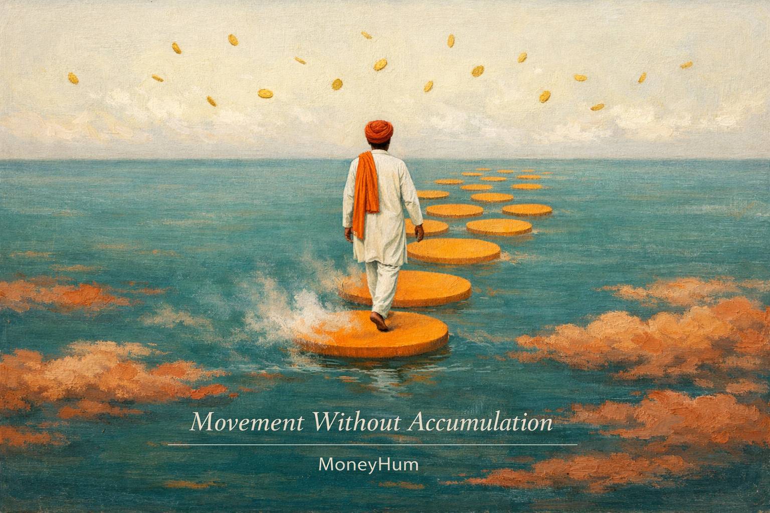 Surrealist artwork showing India's low savings rate through dissolving platforms symbolizing income that never accumulates