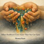 Medical inflation in India visualized as financial security slipping through family hands like water with rupee symbols