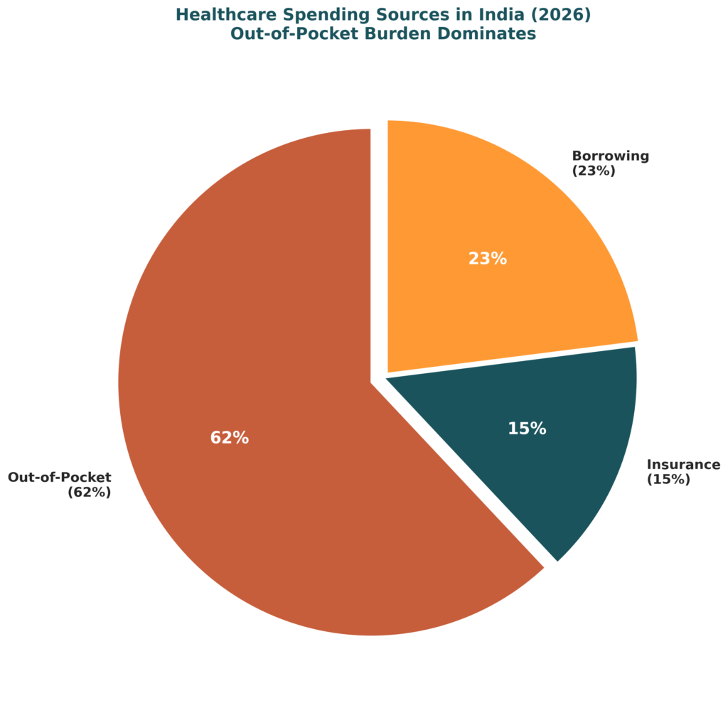 Medical insurance cost rising in India with 62% out-of-pocket healthcare spending versus only 15% insurance coverage