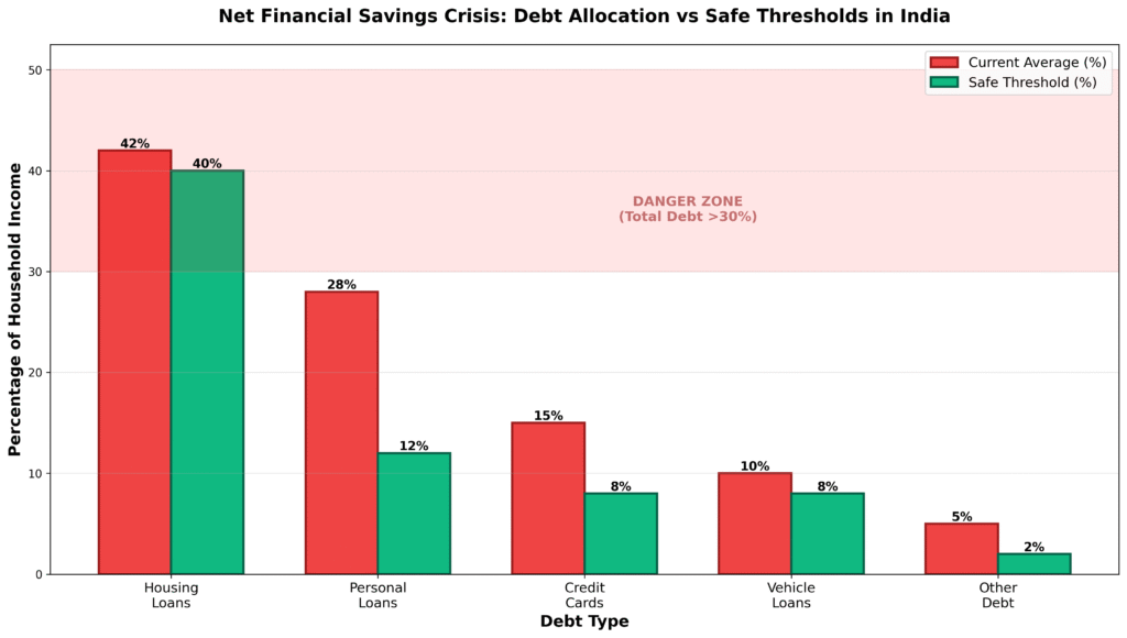 Net financial savings crisis India debt allocation comparison showing current household debt versus safe threshold limits