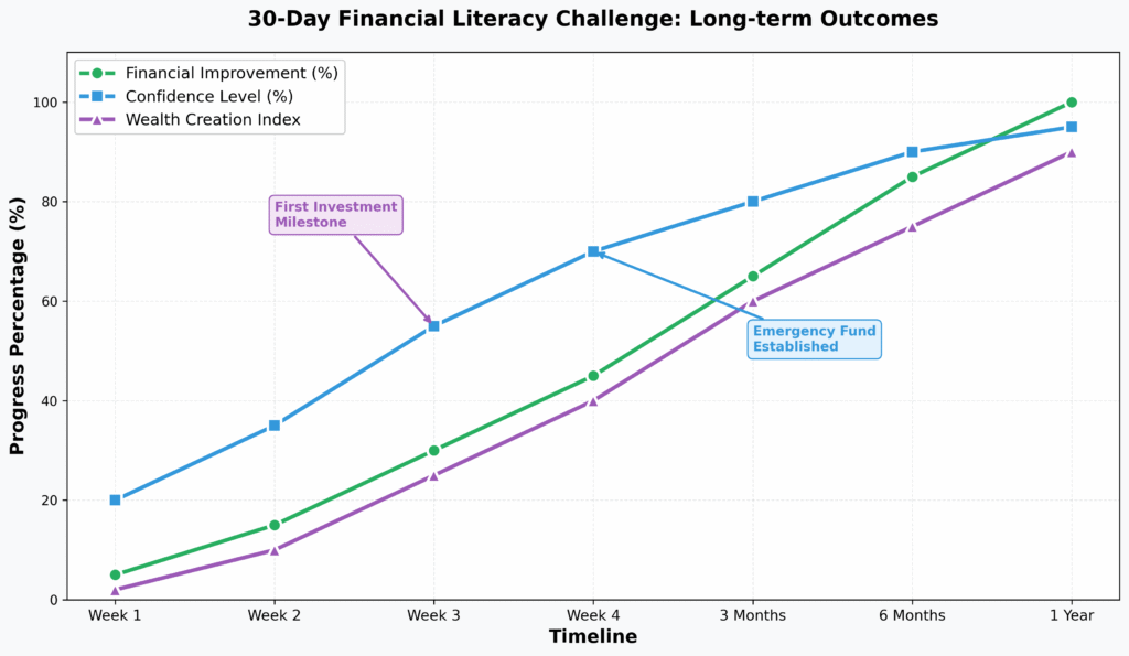 30-day Financial Literacy in Young Adults challenge showing progressive improvement in confidence levels, financial improvement percentages, and wealth creation index over one year